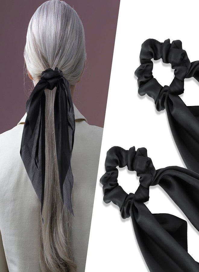 yuntop 2 Pcs Knotted Bow Satin Hair Scrunchie Hair Scarf with Tail Hair Scrunchies Elastic Hair Scarf Ponytail Holder for Women and Girls (Black) - Image 2